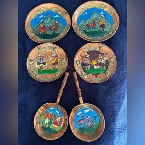 Vintage Peru Handcrafted Decorative Plates and pan set of 6